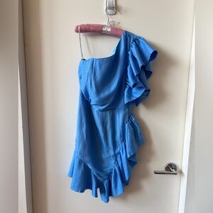 bow shoulder denim mini dress strapless bow front denim mini dress Mid Wash / SMALL